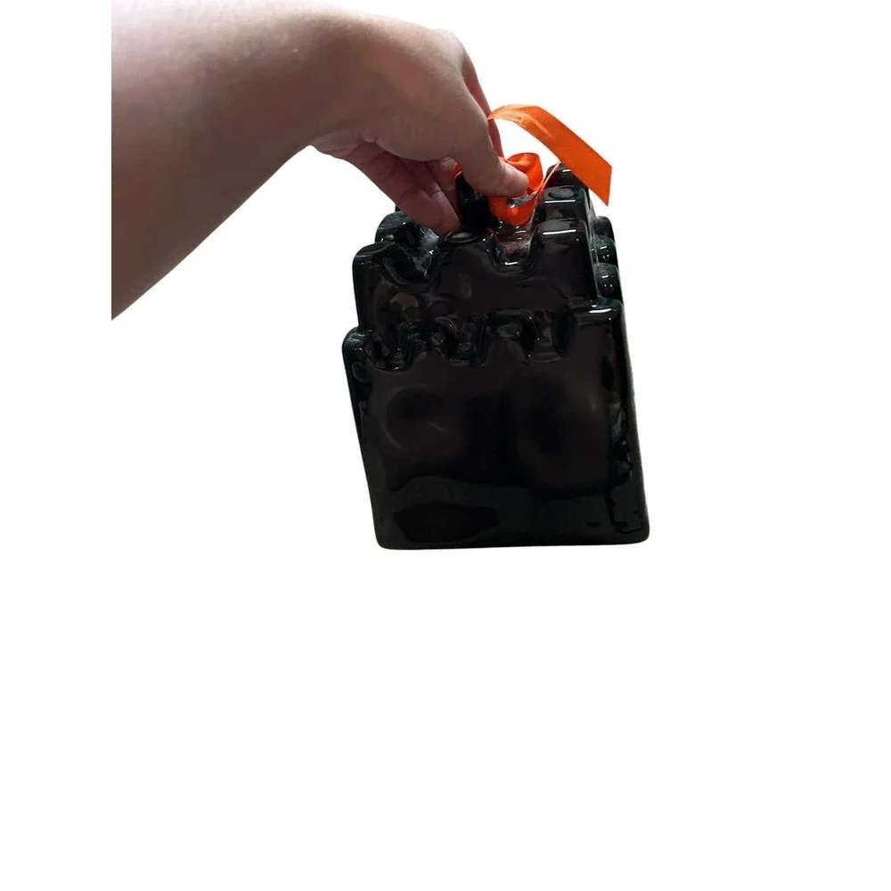 Rae Dunn Dracula Black Ceramic Castle Lantern Halloween Orange Ribbon Decor